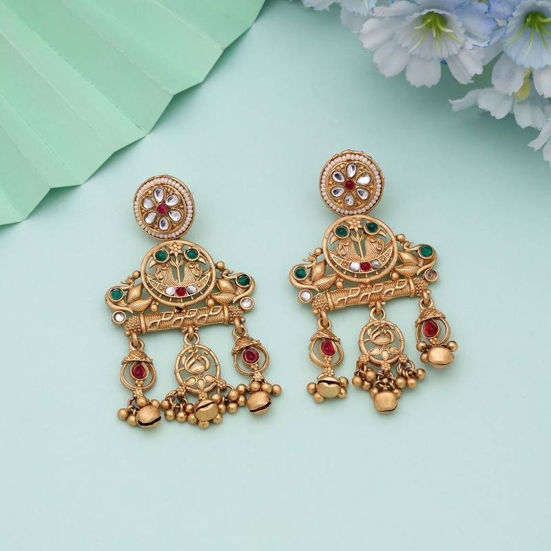 Rani & green color matte gold earrings