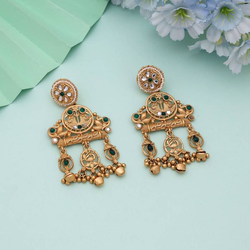 Green color matte gold earrings