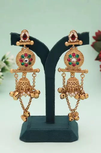 Rani & green color matte gold earrings