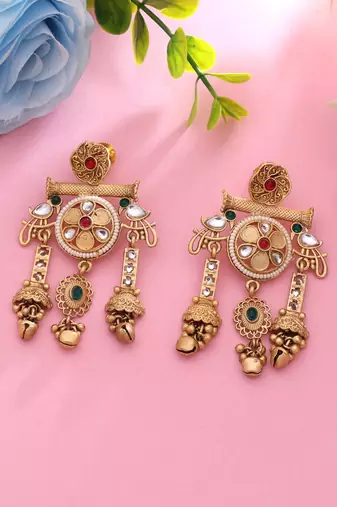 Rani & green color matte gold earrings