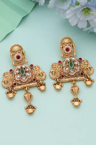 Rani & green color matte gold earrings