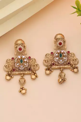 Rani & green color matte gold earrings