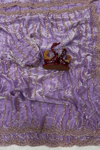Lavender Color Beads and Sequence Embroidery Work space silk Saree 