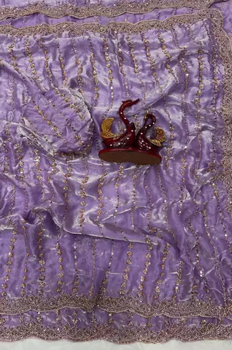 Lavender Color Beads and Sequence Embroidery Work space silk Saree 