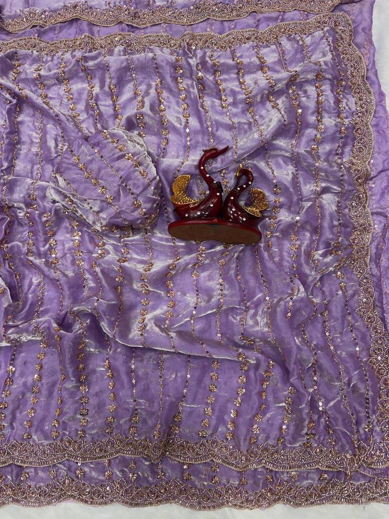 Lavender Color Beads and Sequence Embroidery Work space silk Saree 