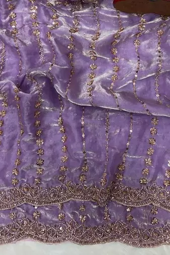 Lavender Color Beads and Sequence Embroidery Work space silk Saree 