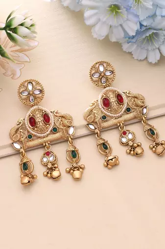 Rani & green color matte gold earrings