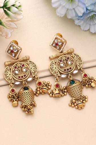 Rani & green color matte gold earrings
