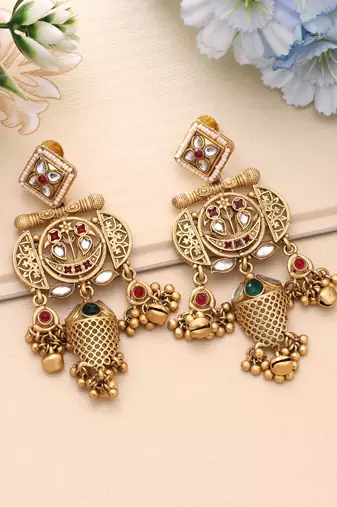 Rani & green color matte gold earrings