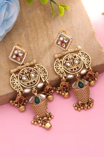 Rani & green color matte gold earrings