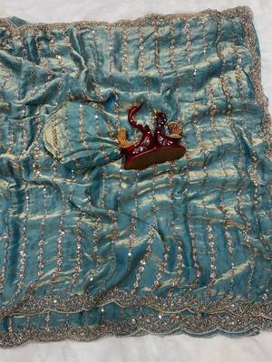 Blue Color Beads and Sequence Embroidery Work space silk Saree  1