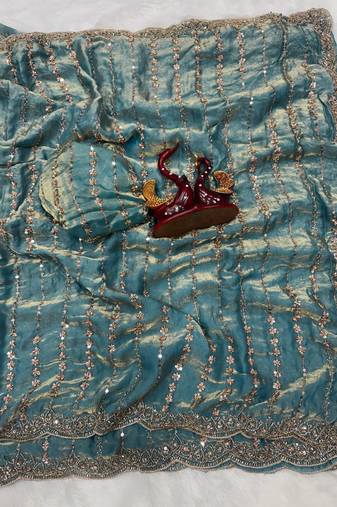 Blue Color Beads and Sequence Embroidery Work space silk Saree 