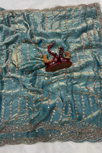 Blue Color Beads and Sequence Embroidery Work space silk Saree 