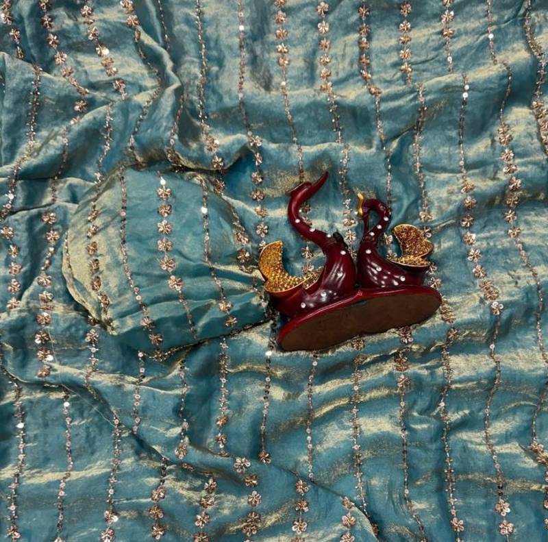 Blue Color Beads and Sequence Embroidery Work space silk Saree 