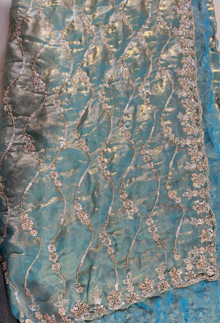 Blue Color Beads and Sequence Embroidery Work space silk Saree 