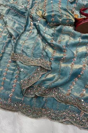 Blue Color Beads and Sequence Embroidery Work space silk Saree 