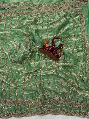 Green Color Beads and Sequence Embroidery Work space silk Saree  1