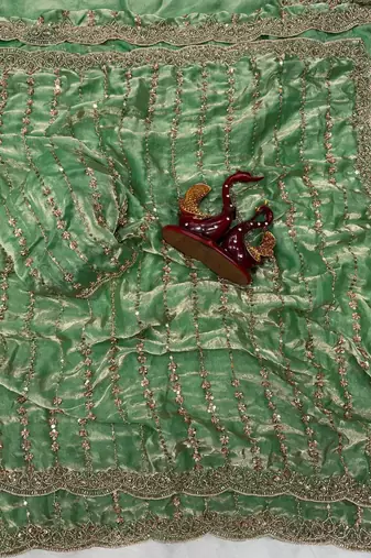 Green Color Beads and Sequence Embroidery Work space silk Saree 