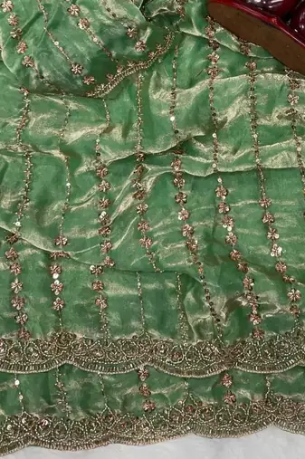 Green Color Beads and Sequence Embroidery Work space silk Saree 