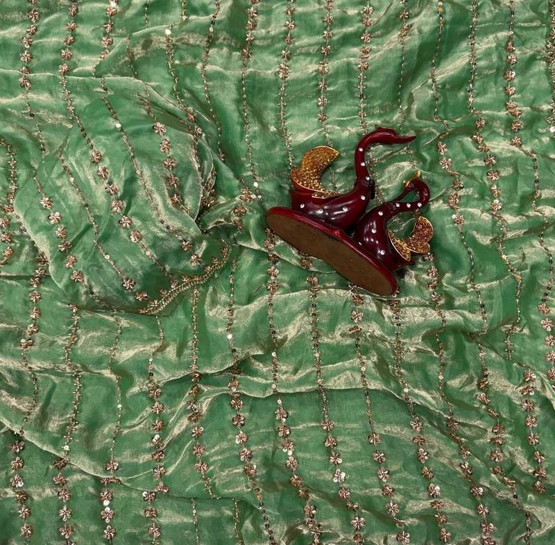 Green Color Beads and Sequence Embroidery Work space silk Saree 