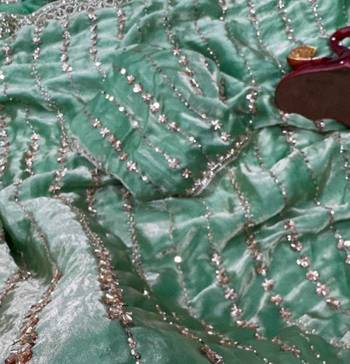 Light Sea Green Color Beads and Sequence Embroidery Work space silk Saree  1