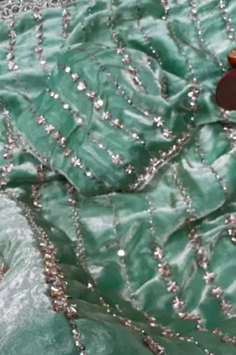 Light Sea Green Color Beads and Sequence Embroidery Work space silk Saree 