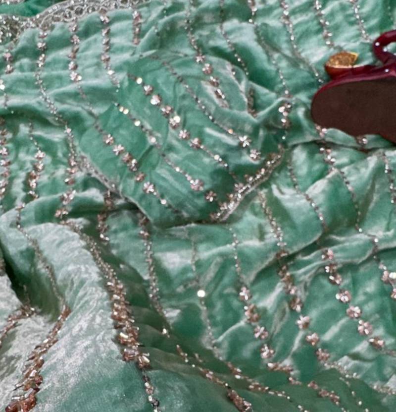 Light Sea Green Color Beads and Sequence Embroidery Work space silk Saree 