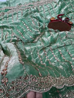 Light Sea Green Color Beads and Sequence Embroidery Work space silk Saree  2
