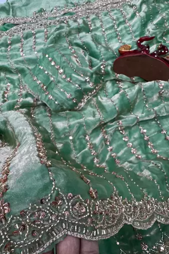 Light Sea Green Color Beads and Sequence Embroidery Work space silk Saree 