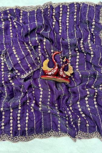 Purple Color Beads and Sequence Embroidery Work space silk Saree 