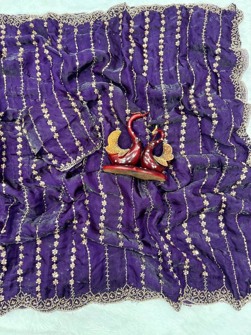 Purple Color Beads and Sequence Embroidery Work space silk Saree 