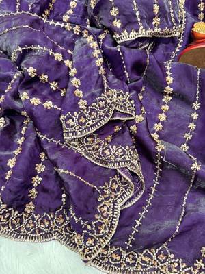 Purple Color Beads and Sequence Embroidery Work space silk Saree  3