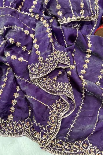 Purple Color Beads and Sequence Embroidery Work space silk Saree 