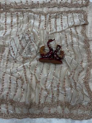 White Color Beads and Sequence Embroidery Work space silk Saree  1