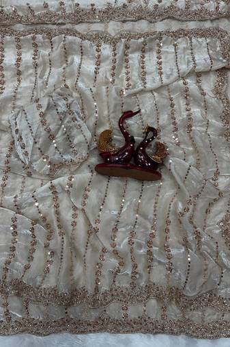 White Color Beads and Sequence Embroidery Work space silk Saree 