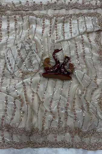 White Color Beads and Sequence Embroidery Work space silk Saree 