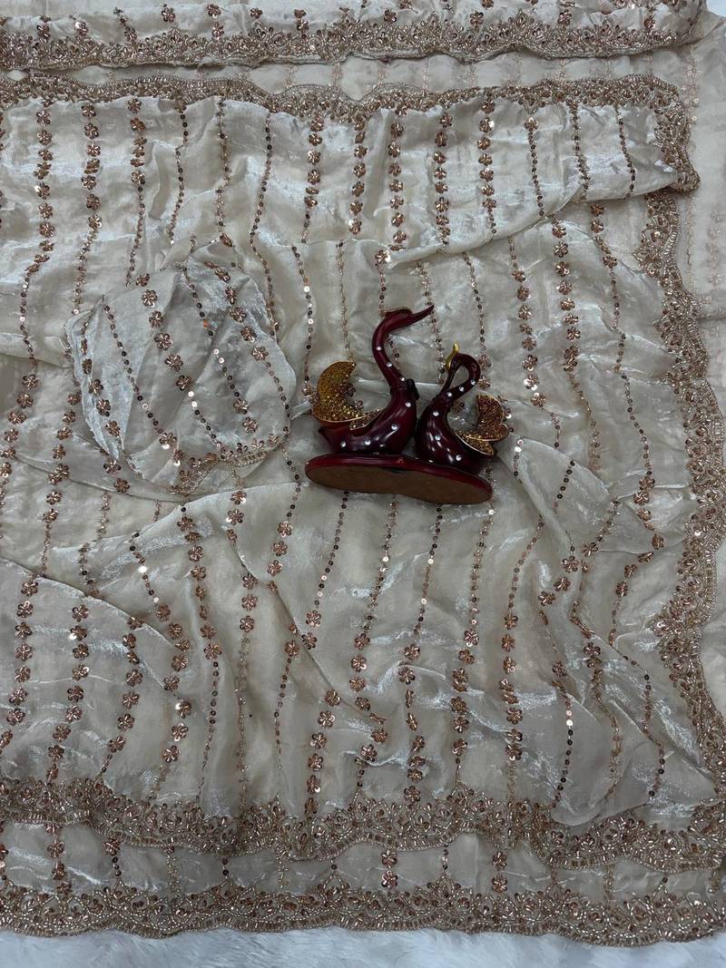 White Color Beads and Sequence Embroidery Work space silk Saree 