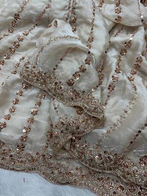 White Color Beads and Sequence Embroidery Work space silk Saree  3