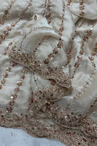 White Color Beads and Sequence Embroidery Work space silk Saree 