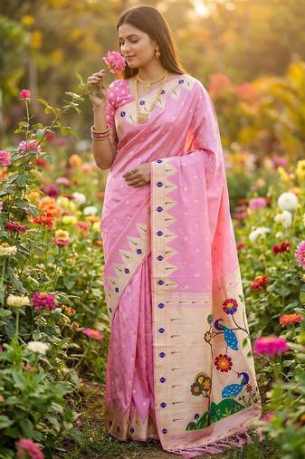 Light hot  Pink Meenakari weawing border & Tessels attache Pethani silk saree d Work 