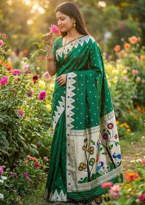 Green Color Meenakari weawing border & Tessels attache Pethani silk saree d Work  1