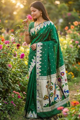 Green Color Meenakari weawing border & Tessels attache Pethani silk saree d Work 