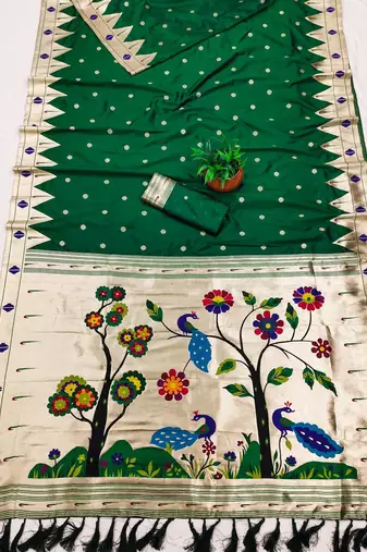Green Color Meenakari weawing border & Tessels attache Pethani silk saree d Work 
