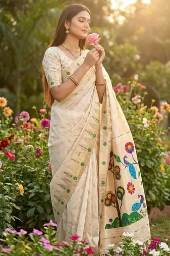 Cream Color Meenakari weawing border & Tessels attache Pethani silk saree d Work 