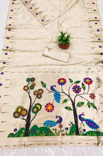 Cream Color Meenakari weawing border & Tessels attache Pethani silk saree d Work 