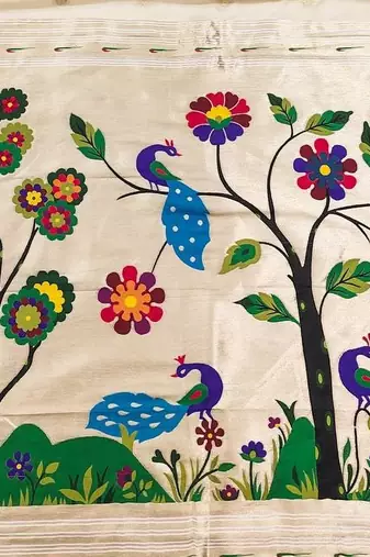 Cream Color Meenakari weawing border & Tessels attache Pethani silk saree d Work 