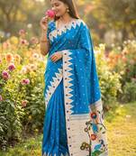 Blue Color Meenakari weawing border & Tessels attache Pethani silk saree d Work 