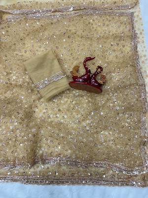 Beige Color Sequins and Beads Embroidery Work Net Saree 1