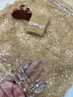 Beige Color Sequins and Beads Embroidery Work Net Saree 4
