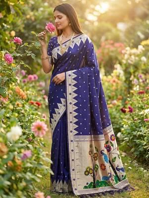 Navy Blue Color Meenakari weawing border & Tessels attache Pethani silk saree d Work  1